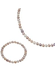 Sterling Silver 5-6mm Genuine Freshwater Cultured Multi Pearl Necklace, Stretch Bracelet & Stud Earrings - Valentines Gift Set