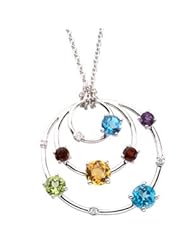Clevereves 14K White Gold .05 Ct Tw Genuine Citrine, Amethyst, Swiss Blue Topaz, Peridot, Mozambique Garnet & Diamond Necklace