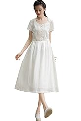 Cotton Summer Applique Pleated Lace Short Sleeves Midi Dress 