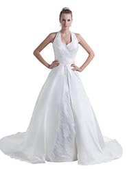V-neck Ruched Beaded Applique  Spring Fall Winter Halter Satin  Ball Gown Wedding Dress  with a Court Train 