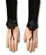 12-Button Length Black Velvet Fingerless Flirt Sleeve Gloves with a 2 3/4" Satin Rosette Flower at the wrist. Cuff extends 1" above the elbow.