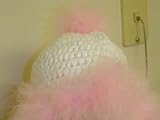 Bh6wp, Hand Crocheted White Chenille Hat with Pink Maribou Feather and with Earflaps