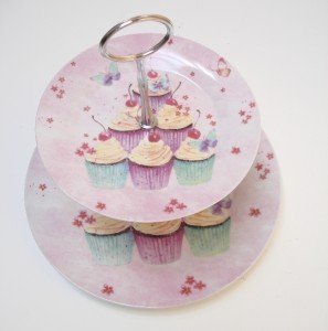 SHABBY CHIC CERAMIC 2 TIER CUP CAKE STAND TRAY PINK
