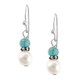 Sterling Silver White Pearl and Turquoise Bead Drop Earrings