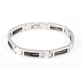 Stainless Steel Gents' 20cm Polished and Matte Finish 2 Row Black Wire Bracelet