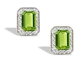 14K White Gold Genuine Emerald-cut Peridot and Diamond Earrings