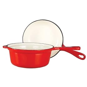 2-in-1 Red Porcelain Enameled Cast Iron Saucepan Frypan Lid by visiondecor Furniture