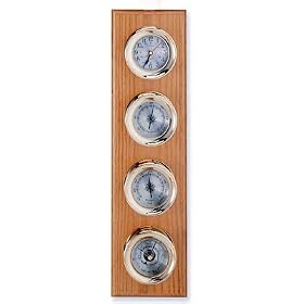 Clock, Barometer, Thermometer and Hygrometer Brass Weather Station on Oak Wood Base