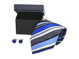 Black, Blue, Gray, Beige, and Taupe Striped 100% Silk Necktie & Cufflinks