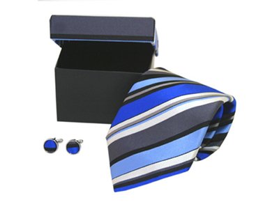 Black, Blue, Gray, Beige, and Taupe Striped 100% Silk Necktie & Cufflinks