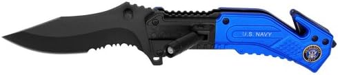 3.5" Navy Folding pocket Knife w/ LED Light Features seatbelt cutter, glass breaker, and belt clip on back of knife, as well as a fold-out LED flashlight SIZE 8"