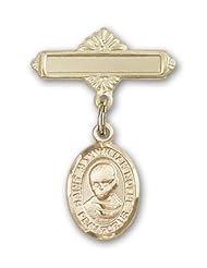 14K Gold Baby Badge with St. Maximilian Kolbe Charm and Polished Badge Pin
