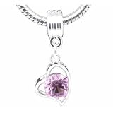 Believe Beads 1 X Silver Plated Dangle Pink Stone Heart Charm Bead fits Pandora/Troll/Chamilia style Bracelets.
