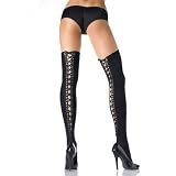 Valentine's Day Opaque Thigh High Nylon Stocking with Satin Lace Up Back and Eyelet Trim