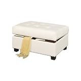 Storage Ottoman Button-Tufted in Cream Leatherette