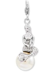 Sterling Silver 3-D Mermaid On Pearl W/Lobster Clasp Charm