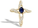 14K Yellow Gold Genuine Oval Sapphire and Diamond Cross Pendant