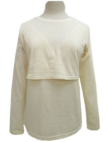 授乳服・授乳口付長袖無地カットソー クリーム◇L