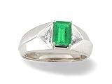 14K White Gold Genuine Emerald-cut Emerald and Diamond Men's Ring