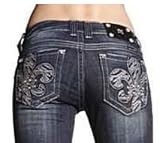 Womens Miss Me Jeans NEW White Zebra Fleur De Lis Design Dark Wash Boot Cut Designer Jeans Dark Wash Medium Whiskering - Crystal Accents Open Pocket