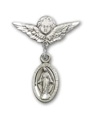 Sterling Silver Baby Badge with Miraculous Charm and Angel with Wings Badge Pin