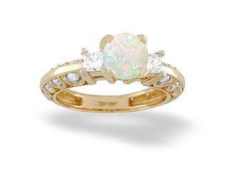 Childrens Toyshop  Jewelry : 14K Yellow Gold Genuine Round Opal and Diamond Engagement Ring