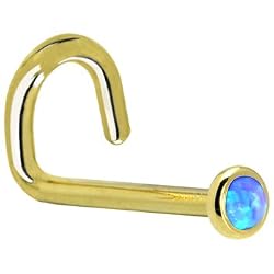 Solid 14KT Yellow Gold 2mm Blue Synthetic Opal Left Nostril Screw - 20 Gauge