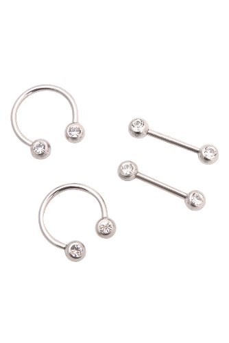 Morbid Metals 14G Silver Clear Gem Nipple Ring 4 Pack