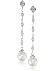 Sterling Silver Simulated Pearl with Cubic Zirconia Linear Drop Post Earrings