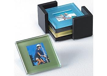 Childrens Toyshop  Kitchen & Housewares : Sarah Peyton Multi-Color Glass Photo Coasters, with Storage Rack