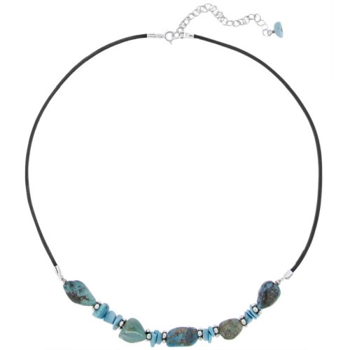 Sterling Silver Bead w/ Genuine Turquoise Nuggets on Brown Leather Cord Necklace, 16+3