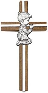 6 inch Praying Boy Cross, Walnut w/ Antique Silver inlay