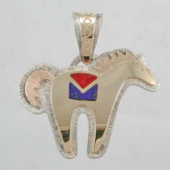 14 kt. Gold and Sterling Silver with Lapis and Coral Inlay Horse Pendant by Dina Huntinghorse, #10427