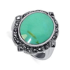 Cute Sterling Silver Marcasite Band Reconstituted Turquoise Inlay Ring