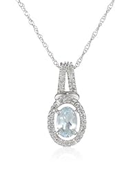 10k White Gold Oval Aquamarine and Round Diamond Pendant Necklace, 18"