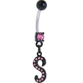 Black Anodized PINK Jeweled Initial Belly Ring-LETTER "S" by 