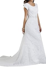 Modest Short Sleeves Natural   Waistline Jeweled Lace Floral Print Wedding Dress 