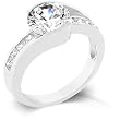 White Gold Rhodium Engagement Ring with Bar Set Round Cut Center Stone Flanked by Princess Cut CZ Along Shank in Silvertone - Size: 5-10
