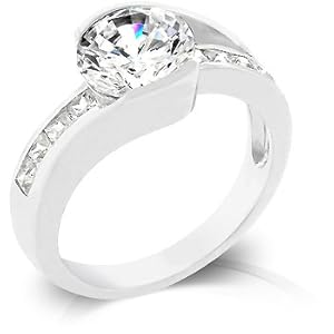 J Goodin R07911R-C01-07 White Gold Rhodium Engagement Ring with Bar Set Round Cut Center Stone Flanked by Princess Cut CZ Along Shank in Silvertone
