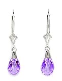 14k White Gold Light Amethyst 9x6mm Swarovski Crystal Pear Leverback Earrings - Measures 29x6mm