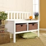 SEI White Bench With Brown Rattan Baskets