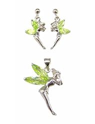 Kala-isjewels - Silver Sterling Ladies Peridot Cz Color Fairies Pendant(1") and Earrings (0,78" )Set .