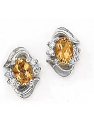 14K White Gold Oval Citrine and Diamond Earrings