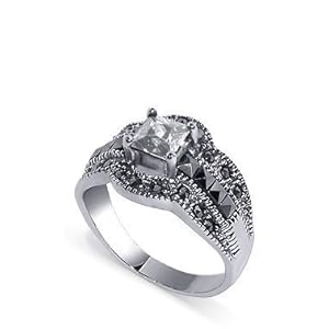Nickel Free .925 Silver Marcasite Rhodium Band Princess Cut Cubic Zirconia Ring Size 5