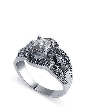 .925 Silver Marcasite Rhodium Band Princess Cut Cubic Zirconia Ring