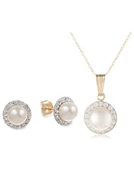 Klassics 10k Yellow Gold Freshwater Cultured Pearl and Crystal Earrings 5.7mm and Pendant Necklace 7mm Set,18"