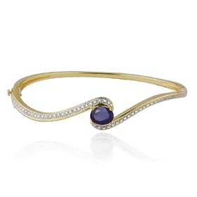 Yellow Gold Overlay Sterling Silver Sapphire & Diamond Bangle Bracelet