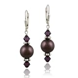 Sterling Silver Burgundy Swarovski Pearl & Crystal Dangle Leverback Earrings