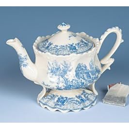 Blue Toile Teapot with Pedestal Porcelain Holds 20 Oz Very Elegant