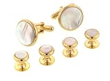 Classical elegance. Yellow gold plated cufflinks and shirt stud formal set accented with mother of pearl with presentation box. Made in the U.S.A